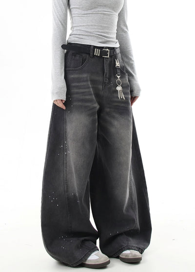 【Blacklists】Washed balance paint design wide denim pants  BL0050