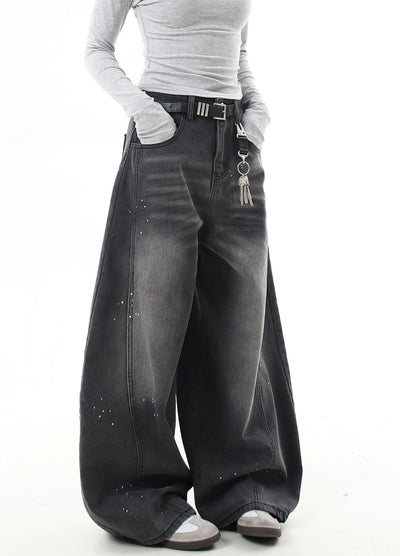 【Blacklists】Washed balance paint design wide denim pants  BL0050