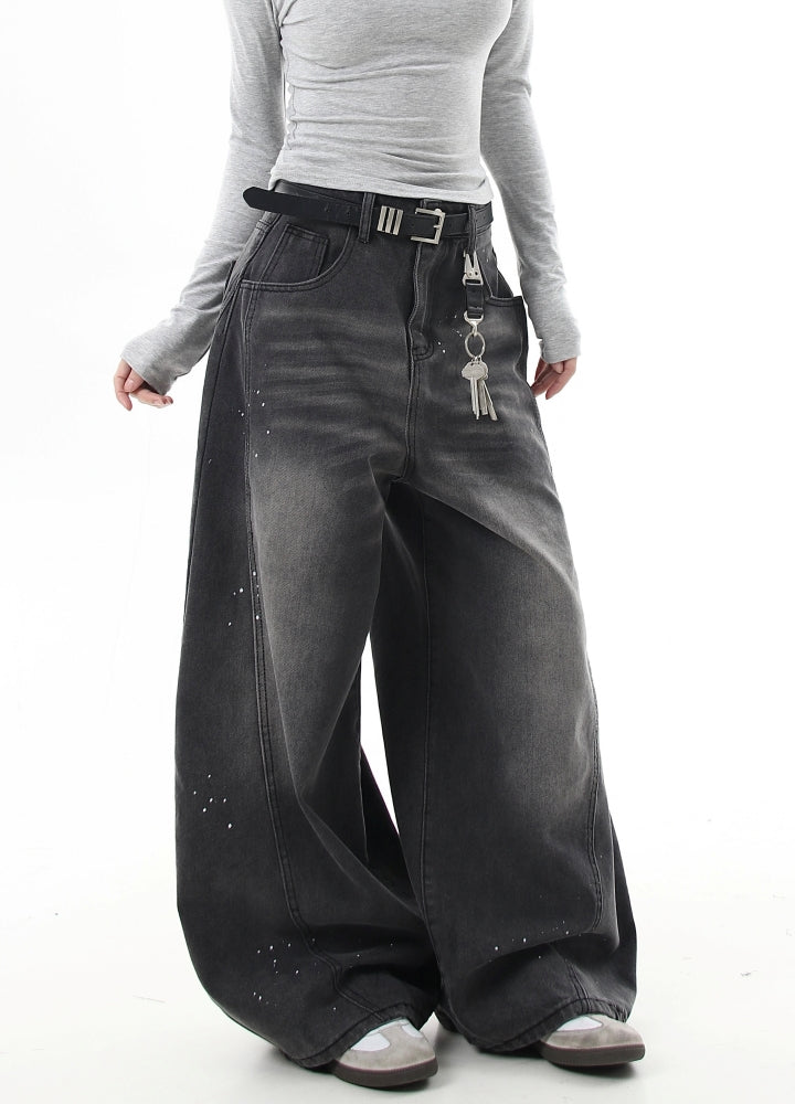 【Blacklists】Washed balance paint design wide denim pants  BL0050