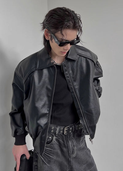 【SOULWORKER】Synthetic leather style zip short silhouette jacket  SW0050