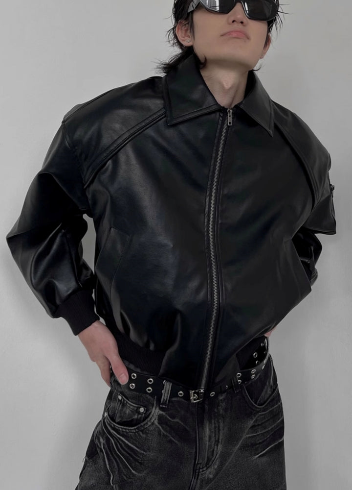 【SOULWORKER】Synthetic leather style zip short silhouette jacket  SW0050