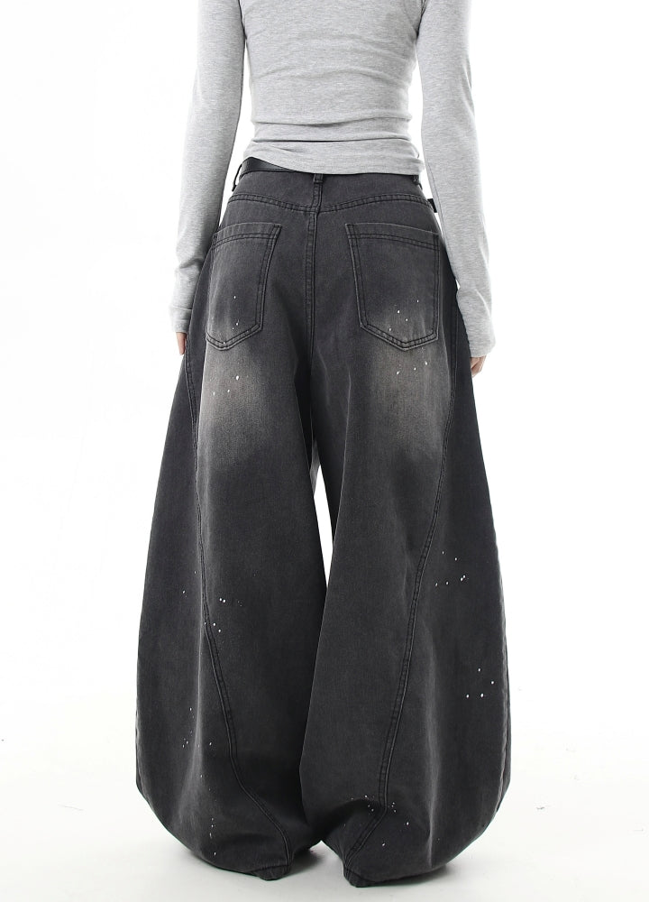 【Blacklists】Washed balance paint design wide denim pants  BL0050