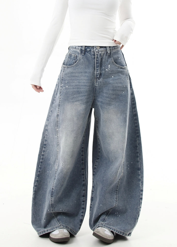 【Blacklists】Washed balance paint design wide denim pants  BL0050