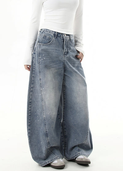 【Blacklists】Washed balance paint design wide denim pants  BL0050