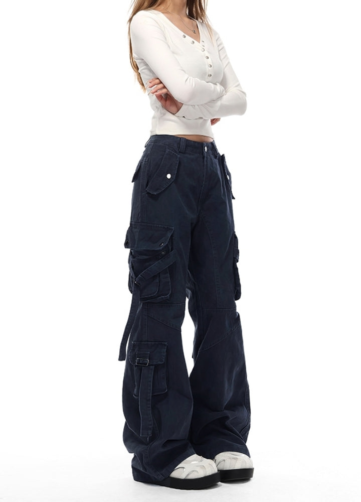 【VINMUK】Side suspender gimmick design flare cargo denim pants  VM0024