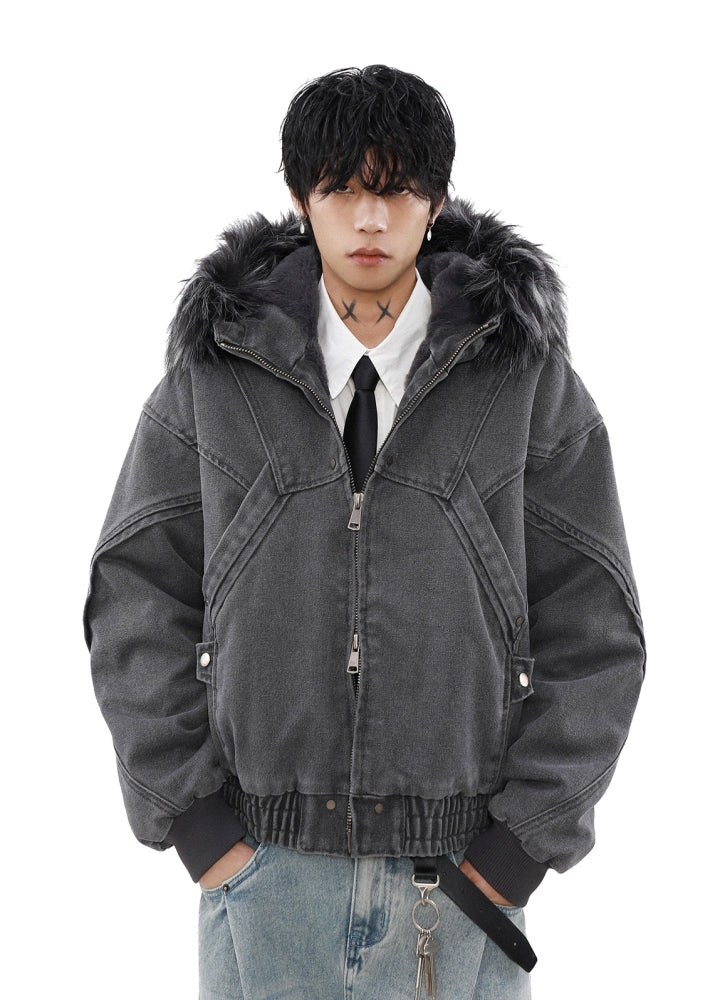 【MR nearly】Fur hoodie design double zip silhouette jacket  MR0149