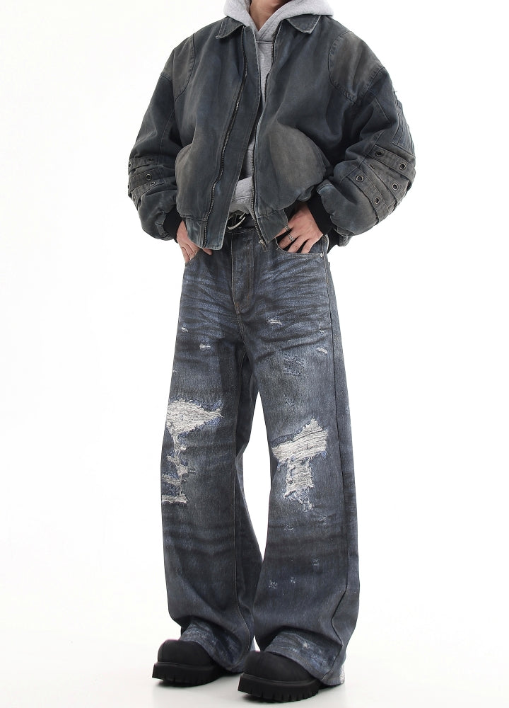 【Blacklists】Navy blue distressed wide denim pants  BL0028