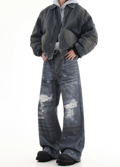 【Blacklists】Navy blue distressed wide denim pants  BL0028