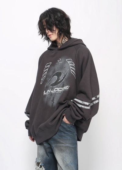 【Mz】Dark wash front design over wide hoodie  MZ0062