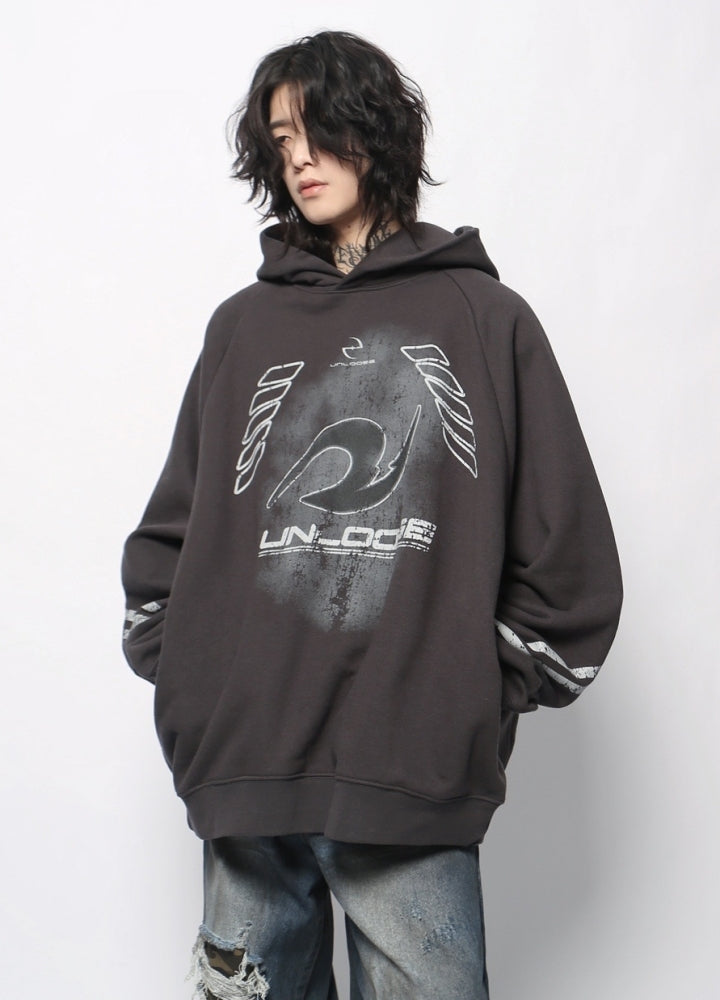 【Mz】Dark wash front design over wide hoodie  MZ0062