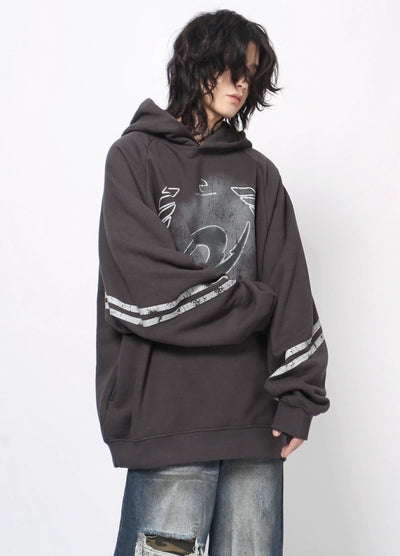 【Mz】Dark wash front design over wide hoodie  MZ0062