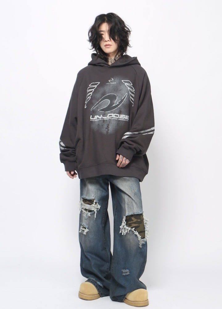 【Mz】Dark wash front design over wide hoodie  MZ0062