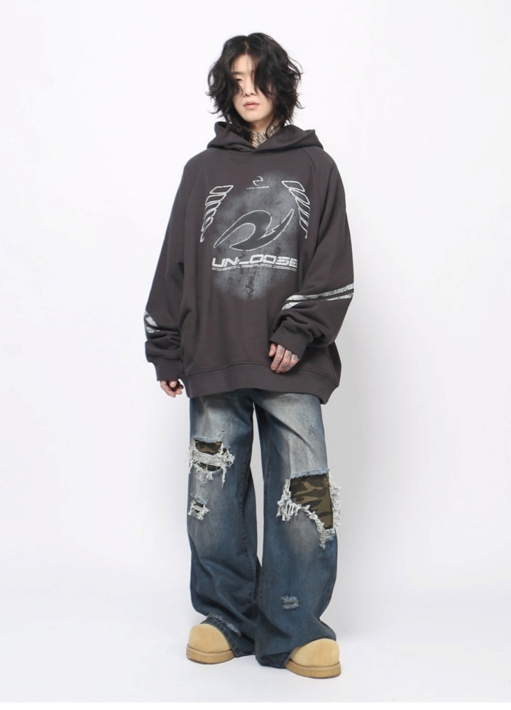 【Mz】Dark wash front design over wide hoodie  MZ0062