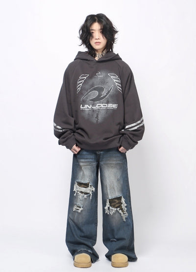 【Mz】Dark wash front design over wide hoodie  MZ0062