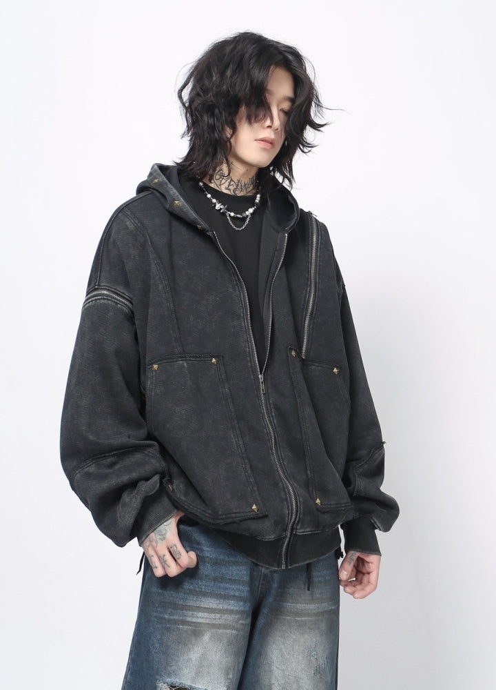 【Mz】Grunge wash dark core color full zip hoodie  MZ0063