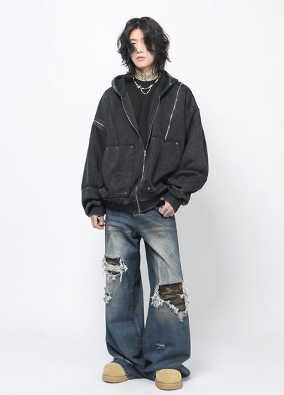 【Mz】Grunge wash dark core color full zip hoodie  MZ0063