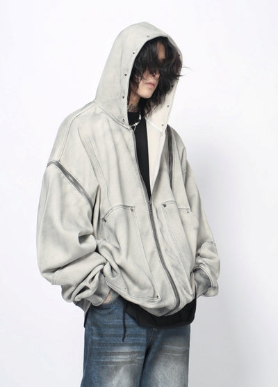 【Mz】Grunge wash dark core color full zip hoodie  MZ0063