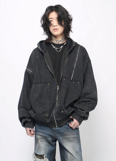 【Mz】Grunge wash dark core color full zip hoodie  MZ0063