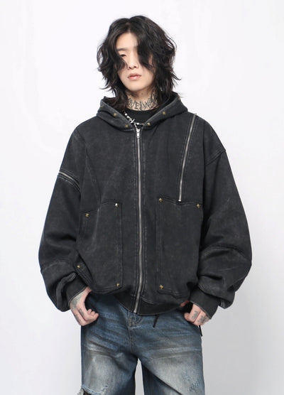 【Mz】Grunge wash dark core color full zip hoodie  MZ0063