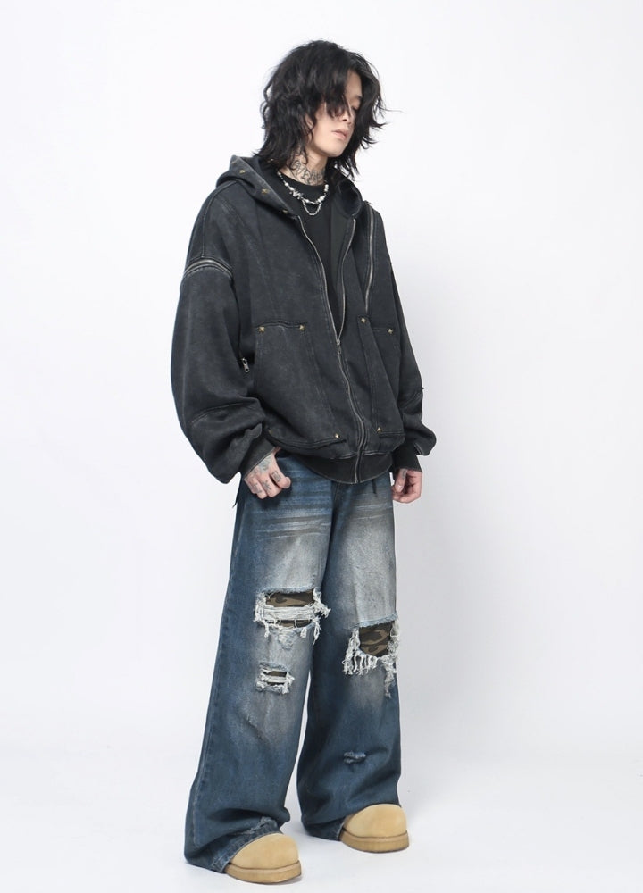 【Mz】Grunge wash dark core color full zip hoodie  MZ0063