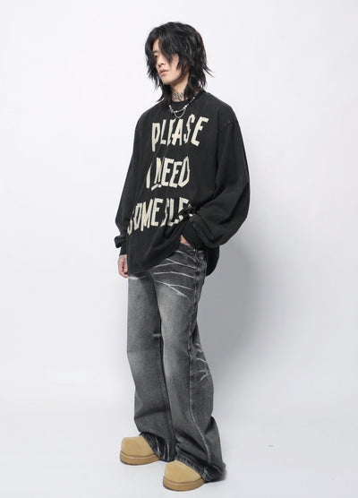 【Mz】Front initial monotone design loose long sleeve T-shirt  MZ0064