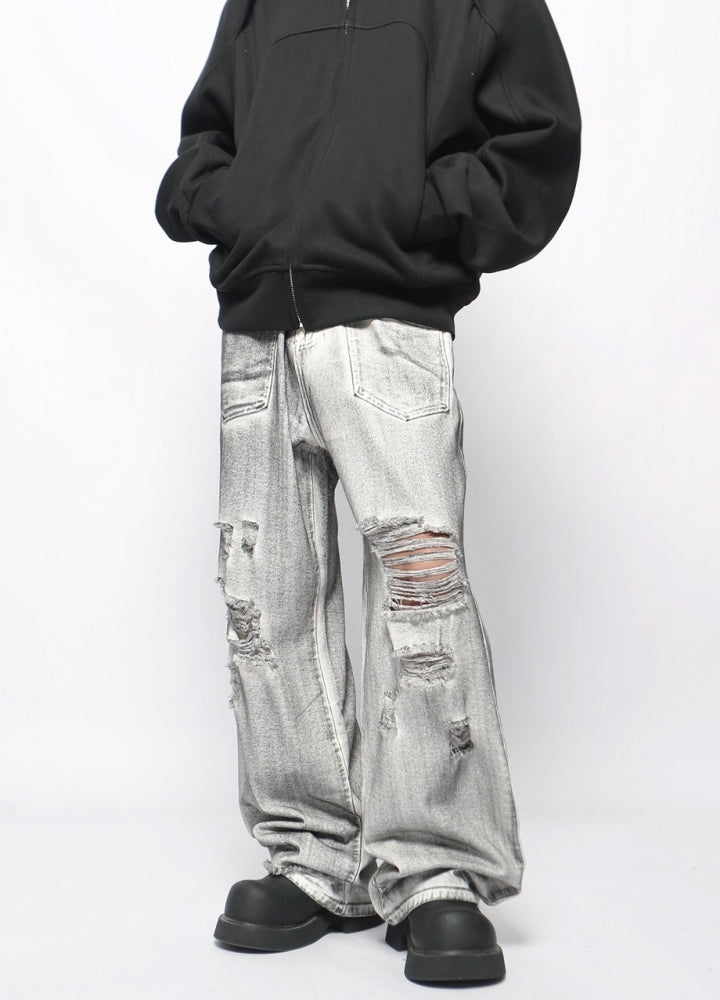 【Mz】Mid-wash distressed flared wide silhouette denim pants  MZ0066