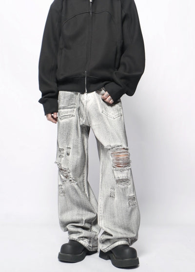 【Mz】Mid-wash distressed flared wide silhouette denim pants  MZ0066