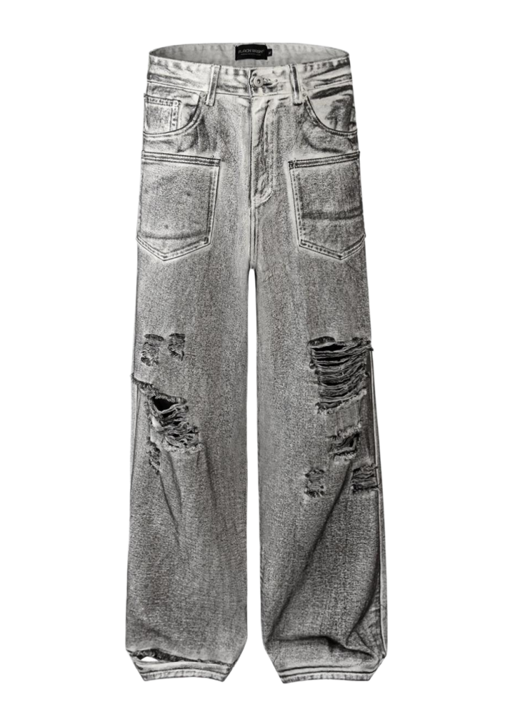 【Mz】Mid-wash distressed flared wide silhouette denim pants  MZ0066