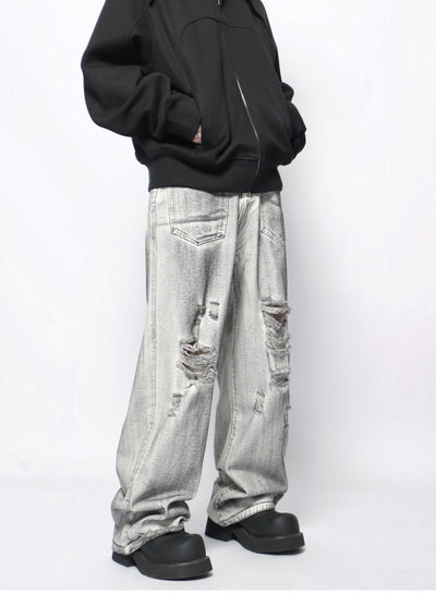 【Mz】Mid-wash distressed flared wide silhouette denim pants  MZ0066