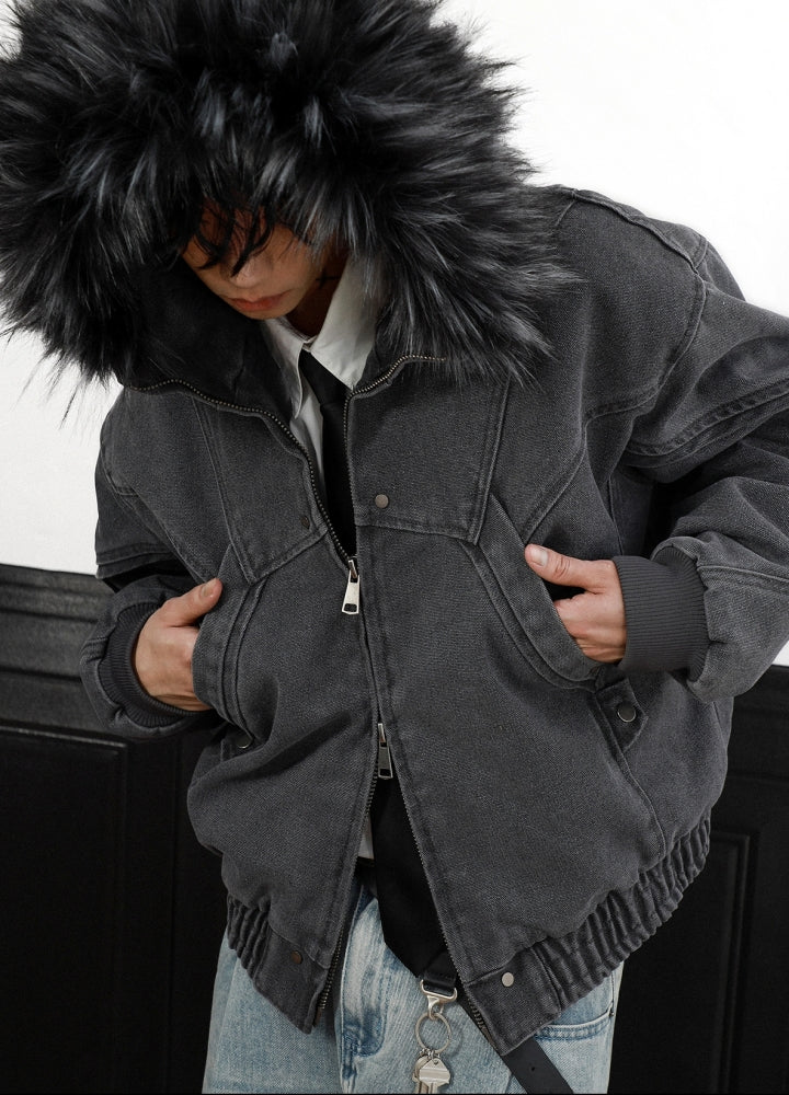 【MR nearly】Fur hoodie design double zip silhouette jacket  MR0149