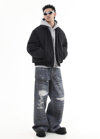 【Blacklists】Navy blue distressed wide denim pants  BL0028