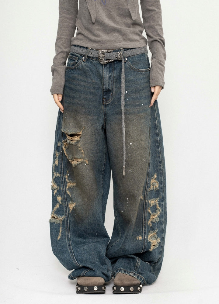 【ZERO STORE】Side over bullet distressed wide wash denim pants  ZS0074