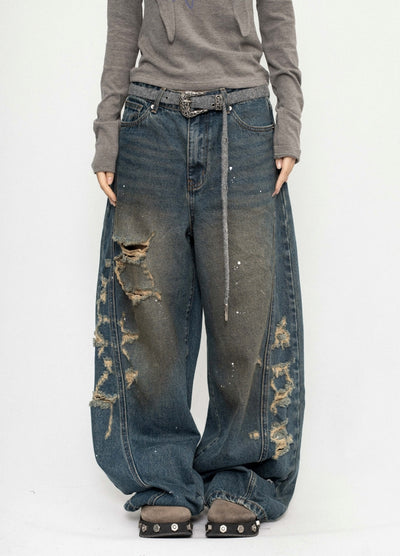 【ZERO STORE】Side over bullet distressed wide wash denim pants  ZS0074