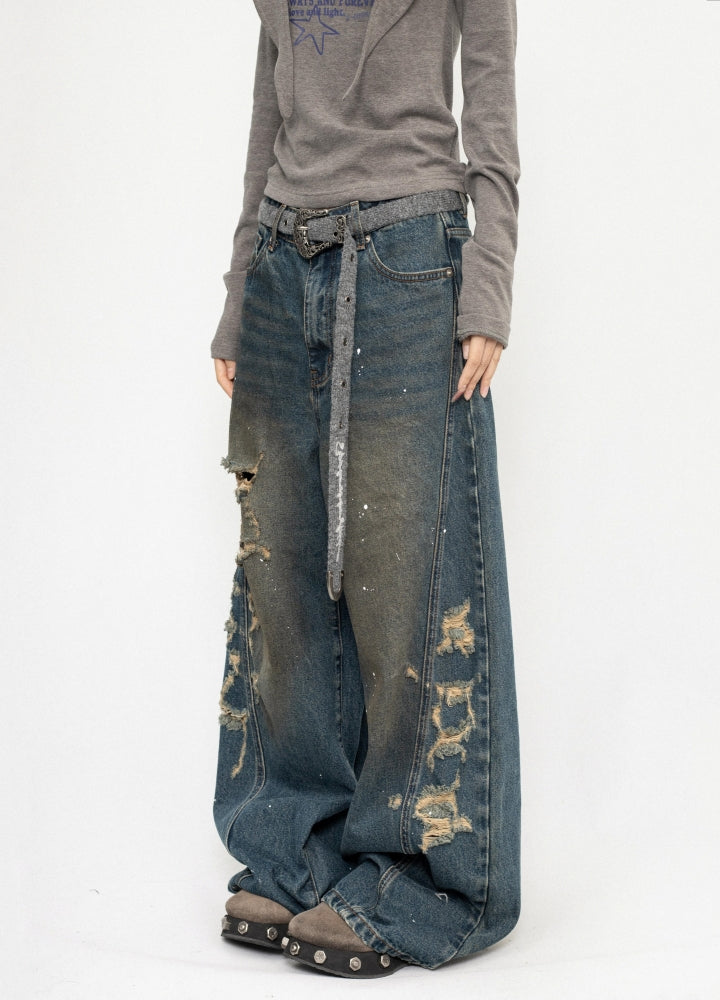 【ZERO STORE】Side over bullet distressed wide wash denim pants  ZS0074