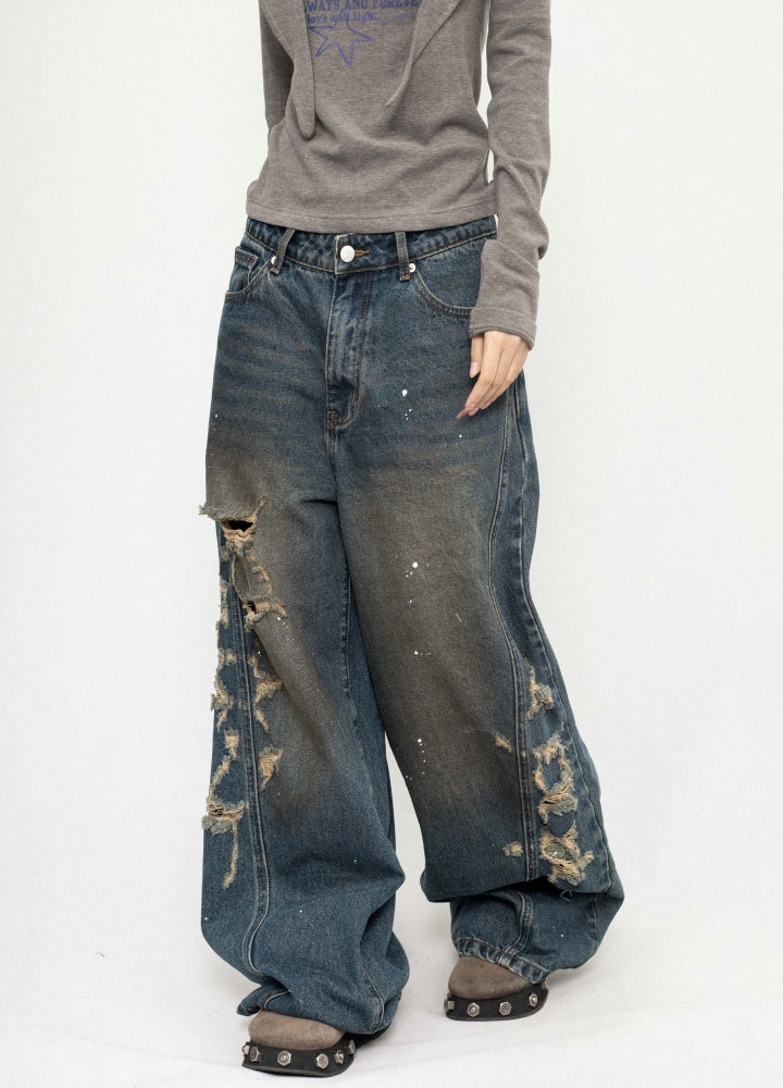 【ZERO STORE】Side over bullet distressed wide wash denim pants  ZS0074