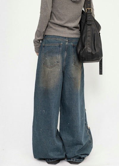 【ZERO STORE】Side over bullet distressed wide wash denim pants  ZS0074