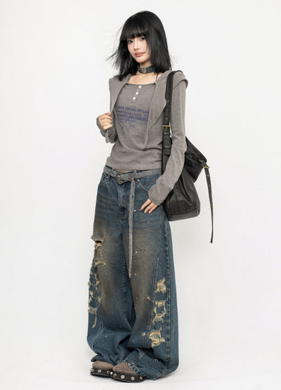 【ZERO STORE】Side over bullet distressed wide wash denim pants  ZS0074