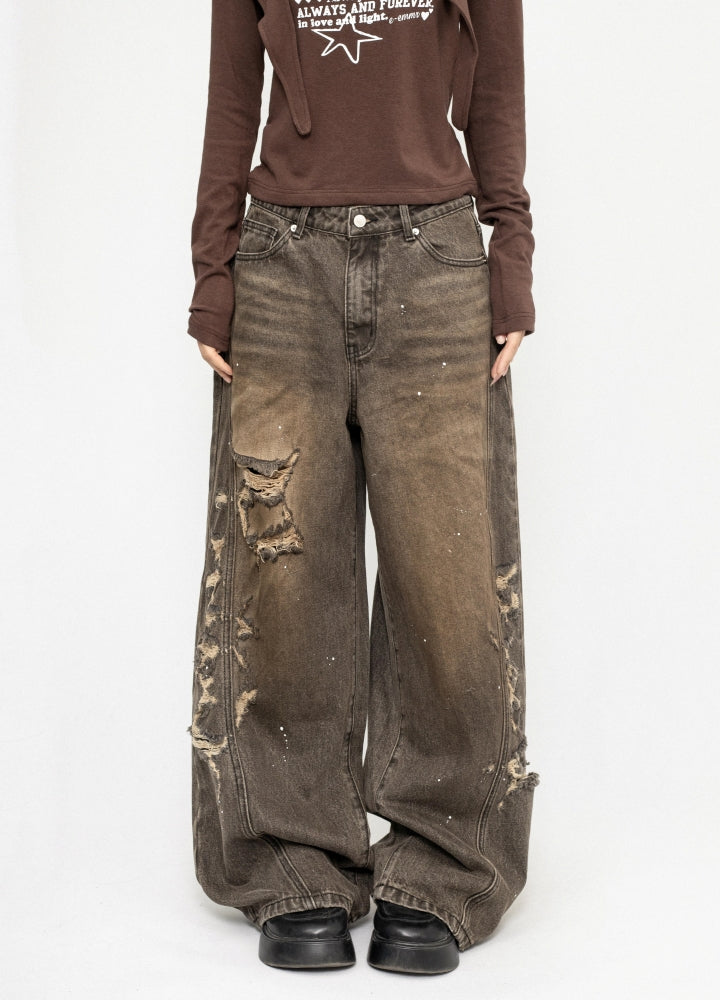 【ZERO STORE】Side over bullet distressed wide wash denim pants  ZS0074