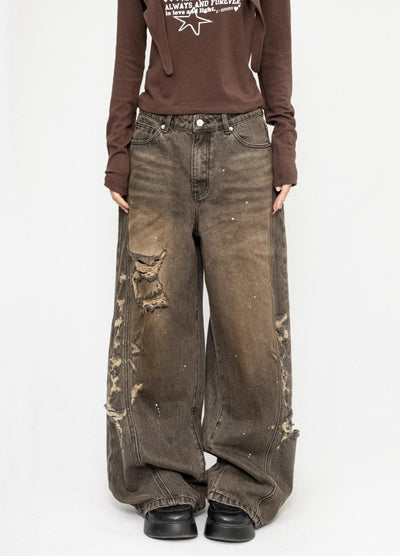 【ZERO STORE】Side over bullet distressed wide wash denim pants  ZS0074