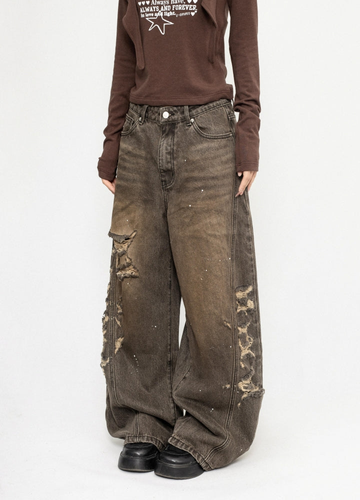 【ZERO STORE】Side over bullet distressed wide wash denim pants  ZS0074