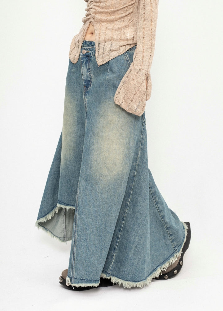 【ZERO STORE】Asymmetrical length design fringe style denim skirt  ZS0075