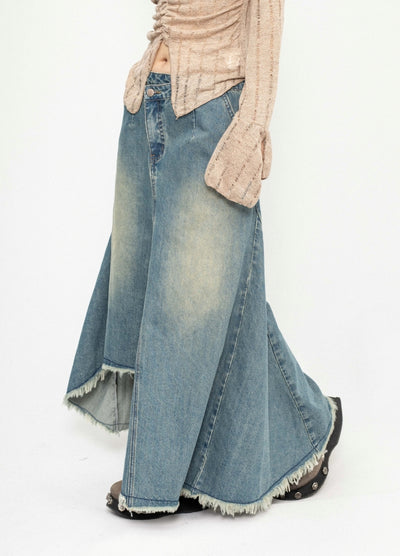 【ZERO STORE】Asymmetrical length design fringe style denim skirt  ZS0075