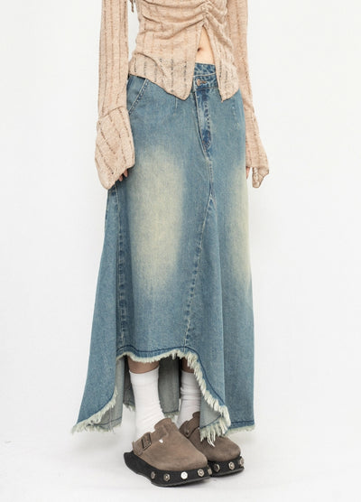 【ZERO STORE】Asymmetrical length design fringe style denim skirt  ZS0075