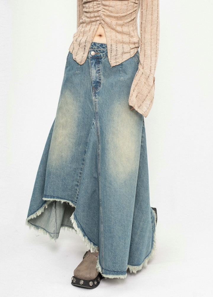 【ZERO STORE】Asymmetrical length design fringe style denim skirt  ZS0075