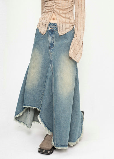 【ZERO STORE】Asymmetrical length design fringe style denim skirt  ZS0075