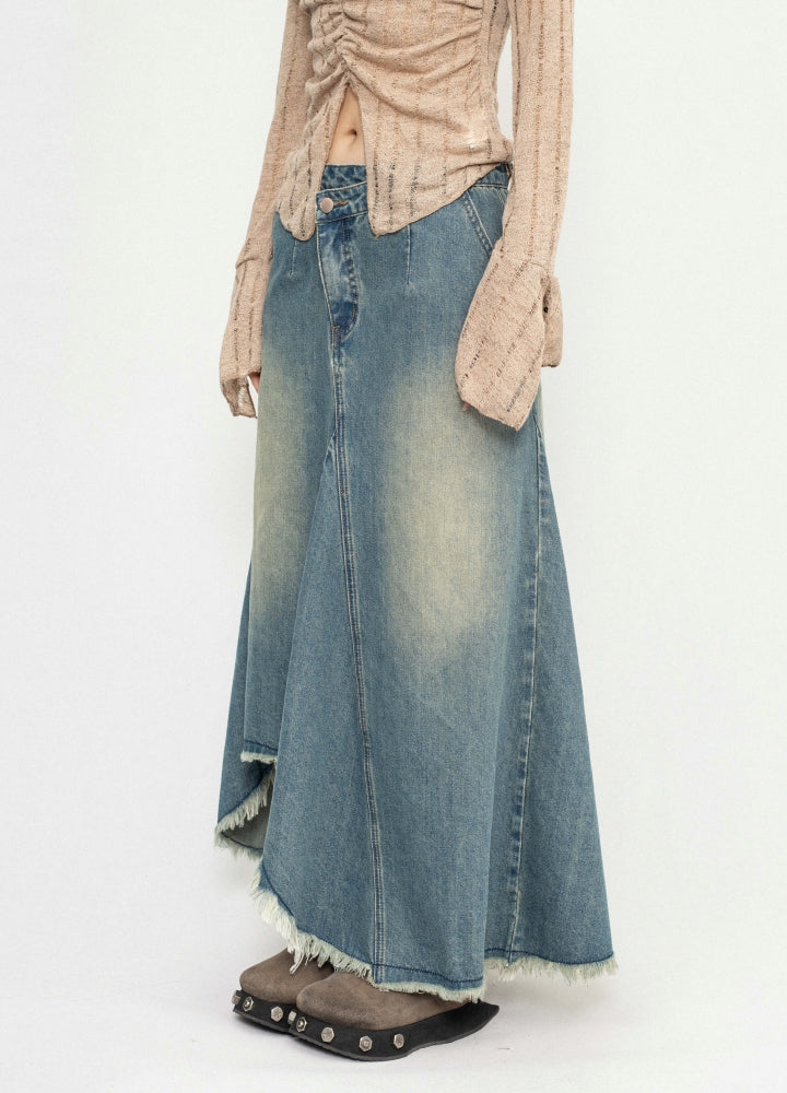 【ZERO STORE】Asymmetrical length design fringe style denim skirt  ZS0075