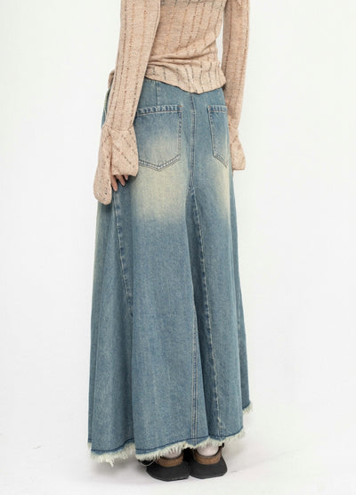 【ZERO STORE】Asymmetrical length design fringe style denim skirt  ZS0075