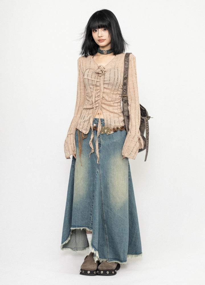 【ZERO STORE】Asymmetrical length design fringe style denim skirt  ZS0075