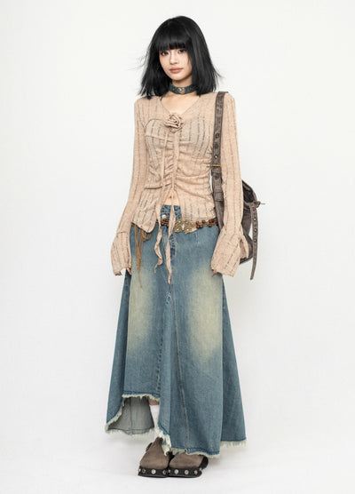 【ZERO STORE】Asymmetrical length design fringe style denim skirt  ZS0075