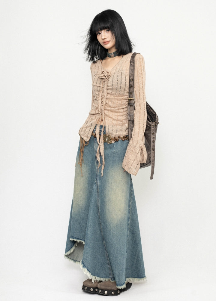 【ZERO STORE】Asymmetrical length design fringe style denim skirt  ZS0075